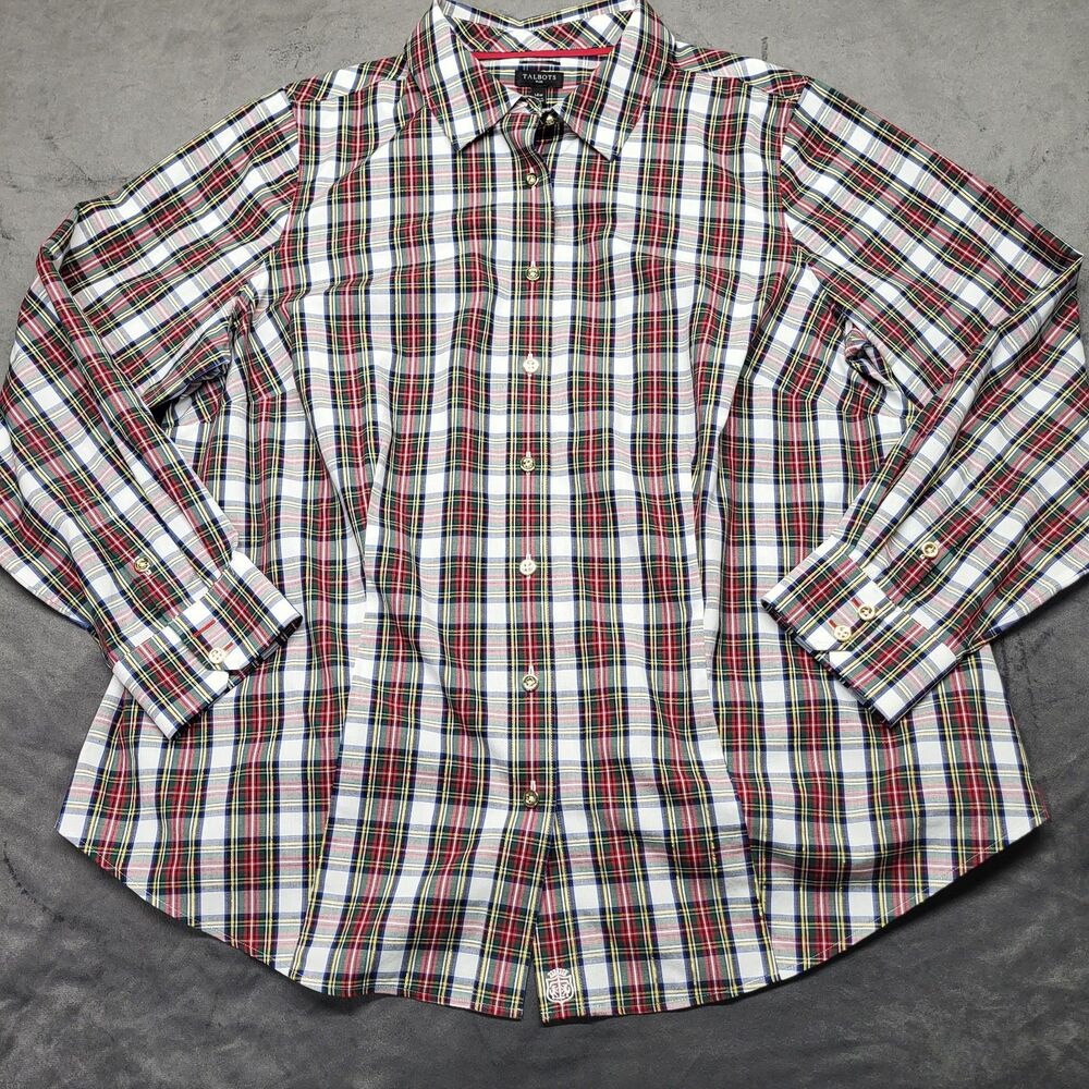 Talbots Plus Christmas Tartan Plaid Blouse 14W Cotton Blend Metallic Threading